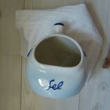 Ceramic salt pot and wooden spatula