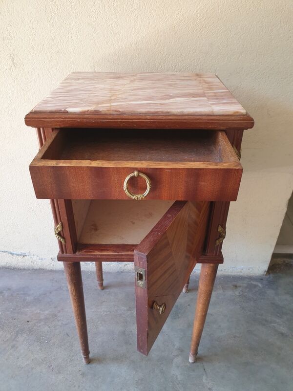 Louis XVI-style wooden veneer bedside table, marble top