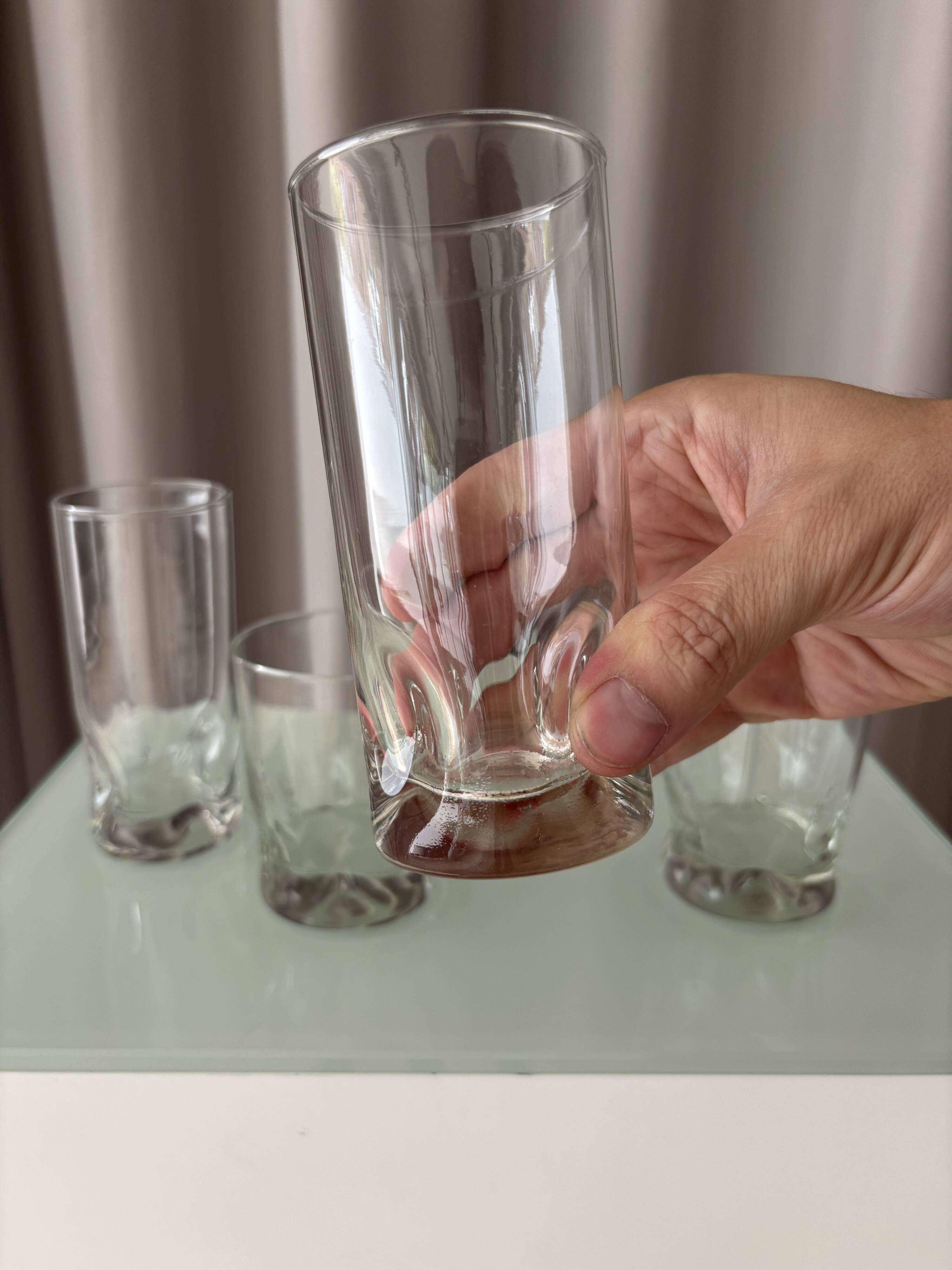 Set of 4 Vintage Sculptural Drinking Glasses | Thick Glass Tumblers & Highb