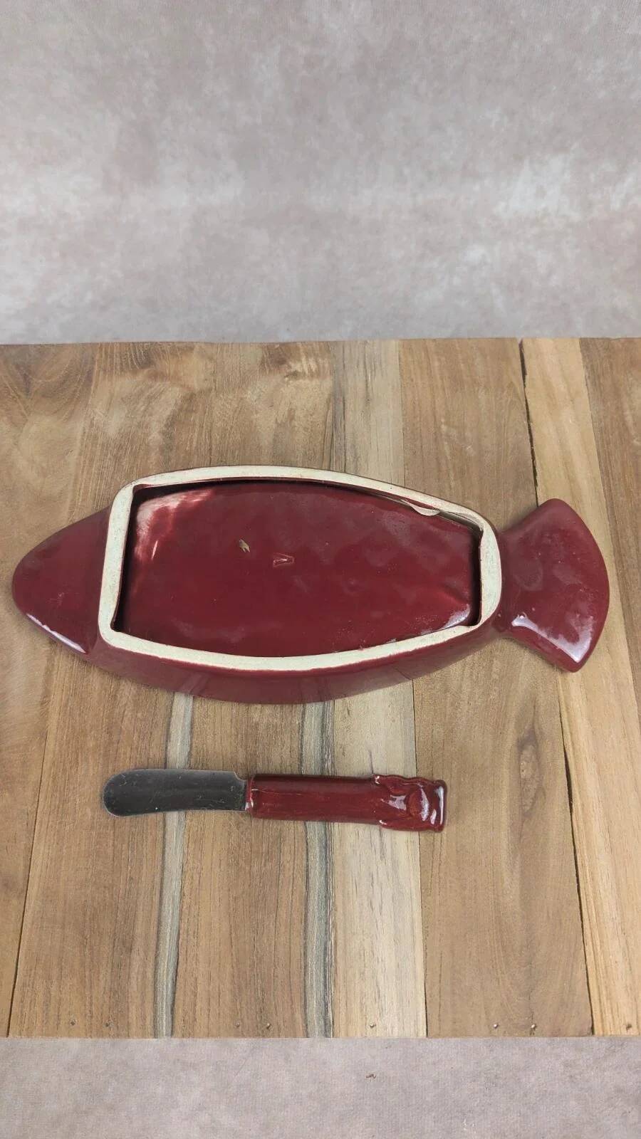 Vintage red ceramic butter dish + matching knife