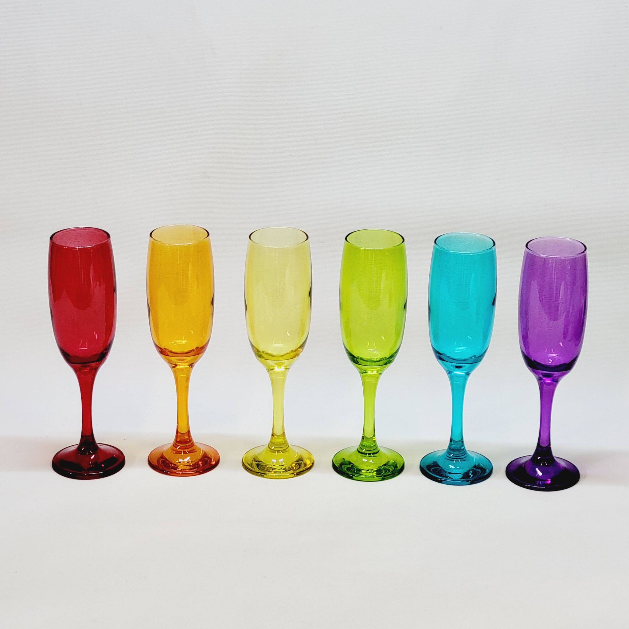 6 multicolored glass champagne flutes red orange yellow green blue purple