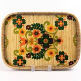 1970s floral patterned tray in rattan and plastic