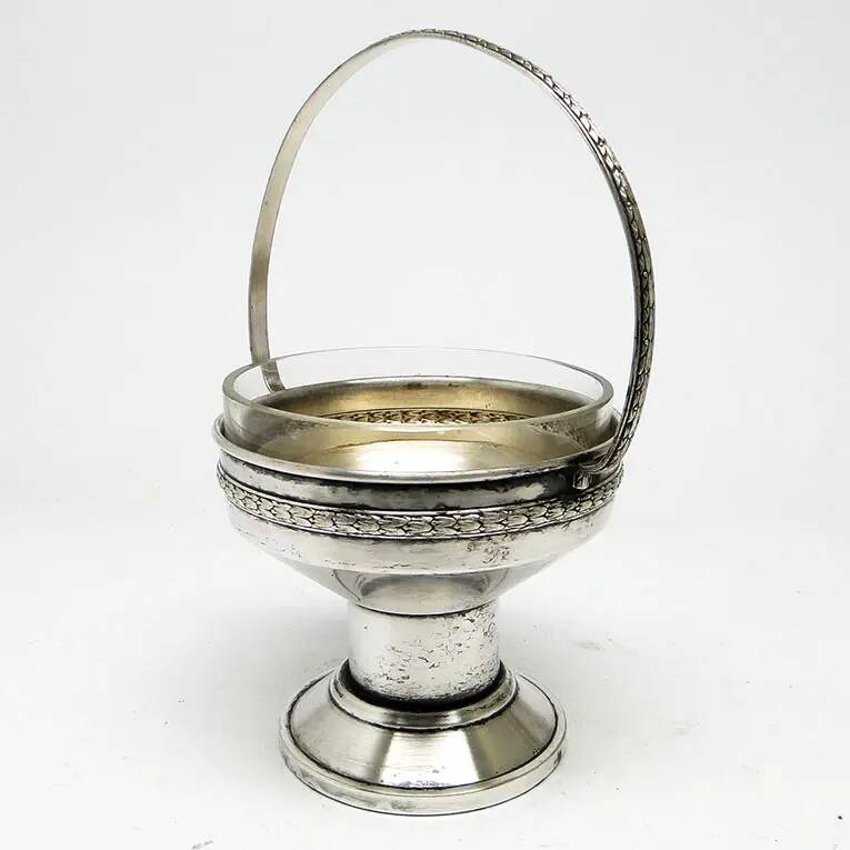 Art Deco sugar bowl, silver-plated brass, crystal, Poland, 1930s