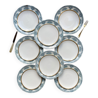 8 Vintage Terre de Fer Blue Onnaing Plates + 8 Small White Gold Porcelain Plates
