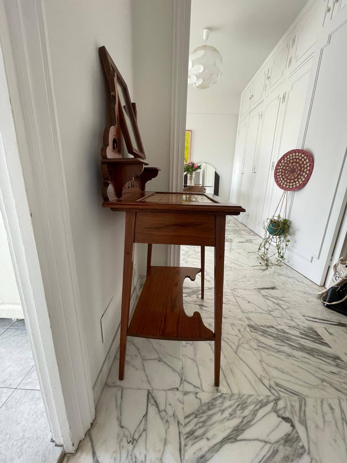 Pretty dressing table in yellow earthenware and wood - Art Nouveau style