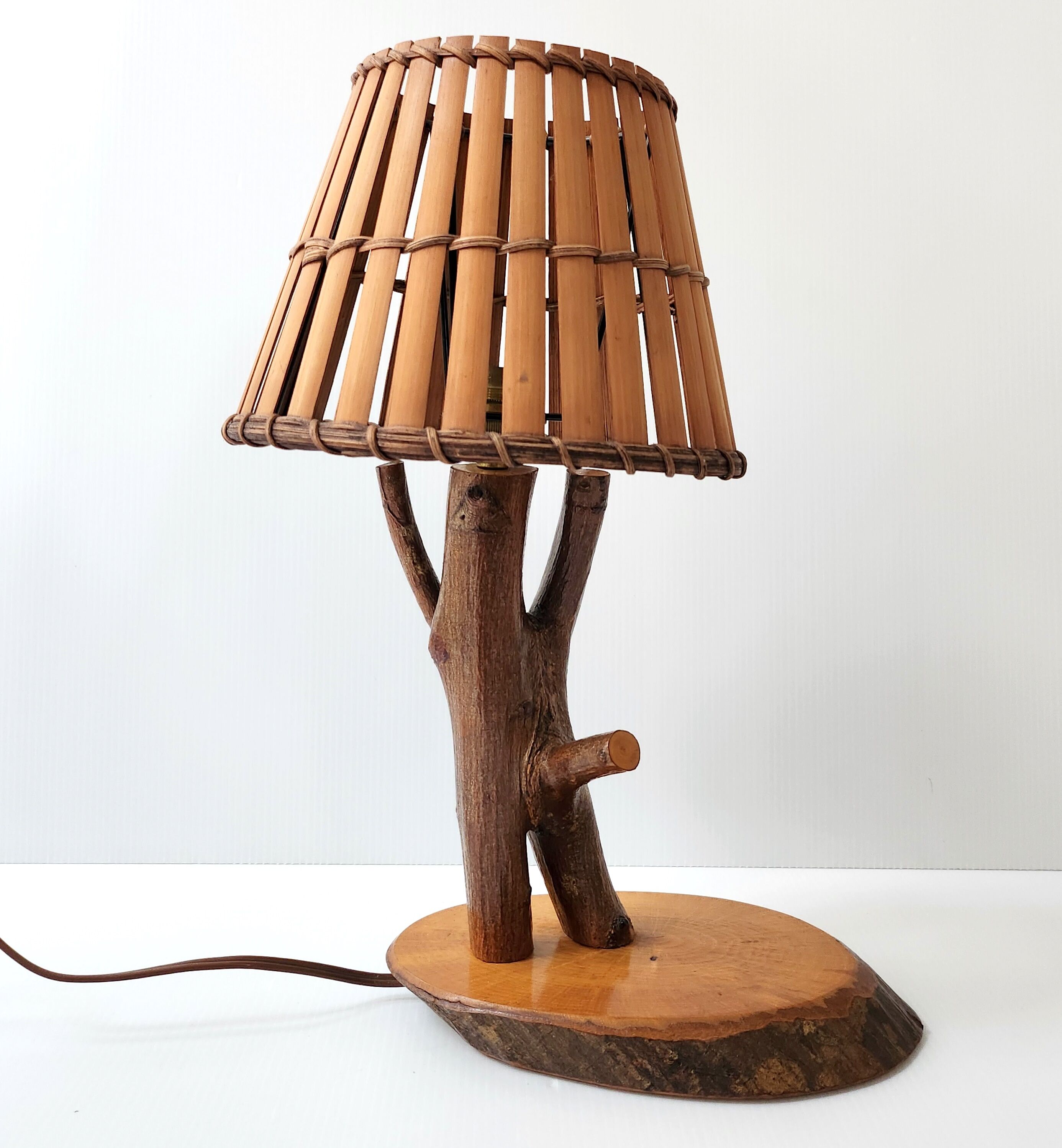 Vintage lamp wood & rattan 1950