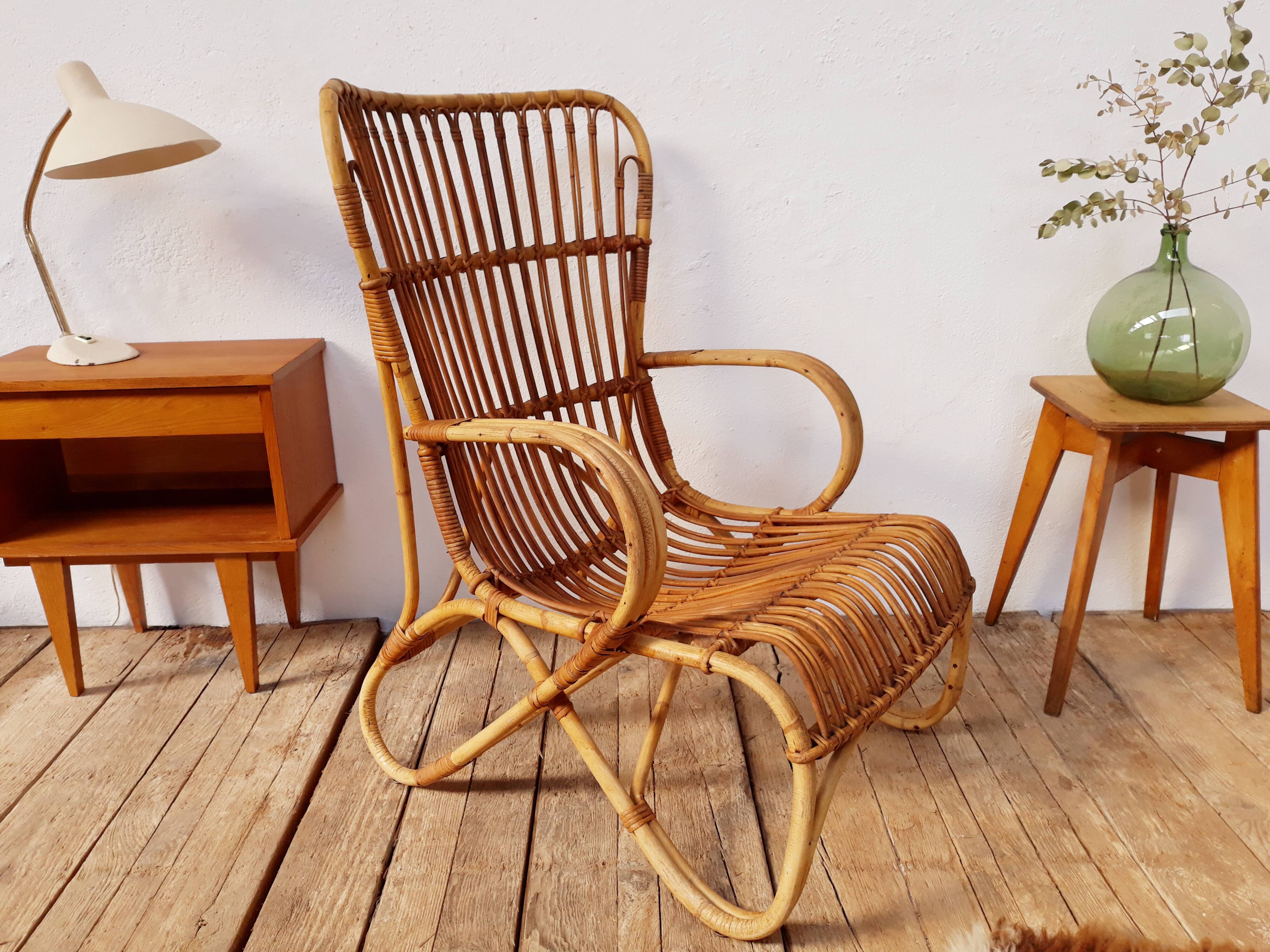 Louis Sognot vintage rattan armchair