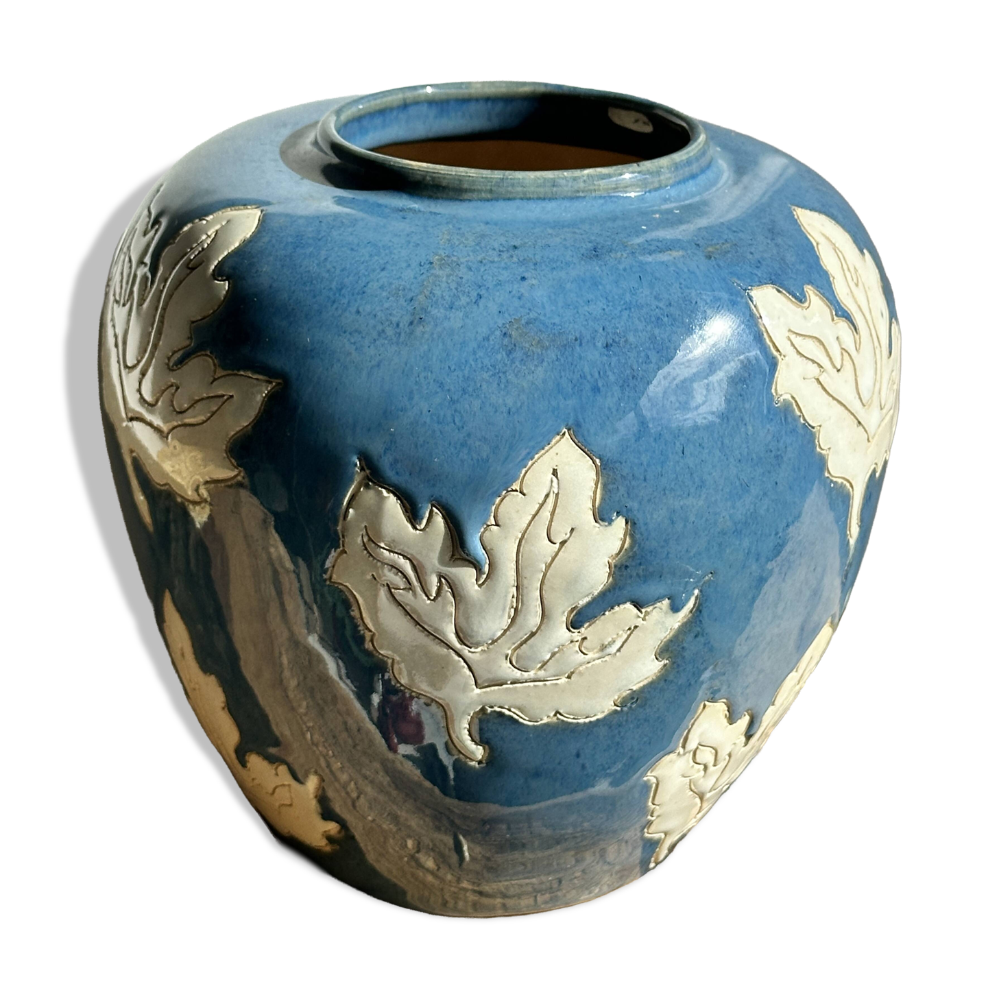 Magnificent Blue Glazed Ceramic Vase with White Plane Tree Leaves Decor
