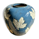 Magnificent Blue Glazed Ceramic Vase with White Plane Tree Leaves Decor