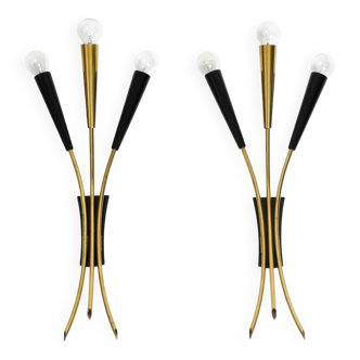 Two beautiful large Mid Century Modern brass 3-light cone wall lamps