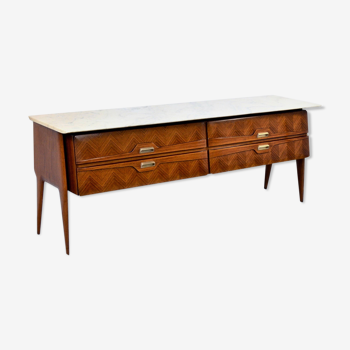 Italian Midcentury Sideboard in Rosewood, Carrara Marble and Brass Manufactured in Cantu.