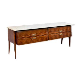 Italian Midcentury Sideboard in Rosewood, Carrara Marble and Brass Manufactured in Cantu.