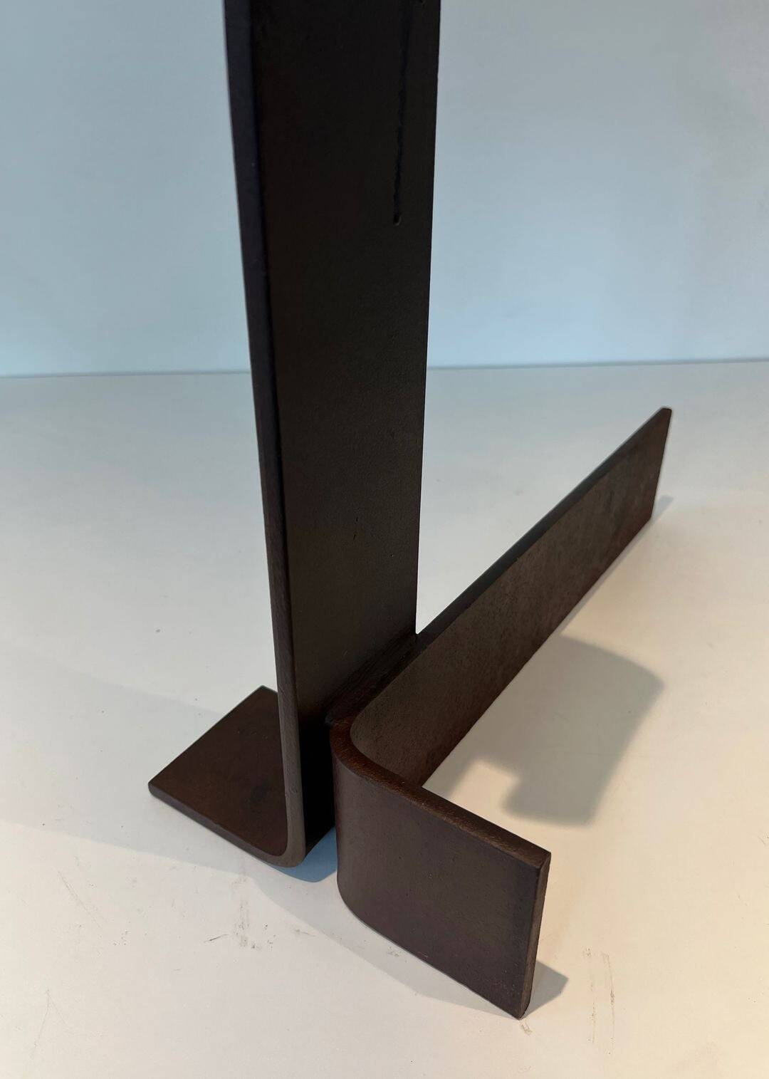 Important Pair of Modernist Wrought Iron Andirons with Ring Finials