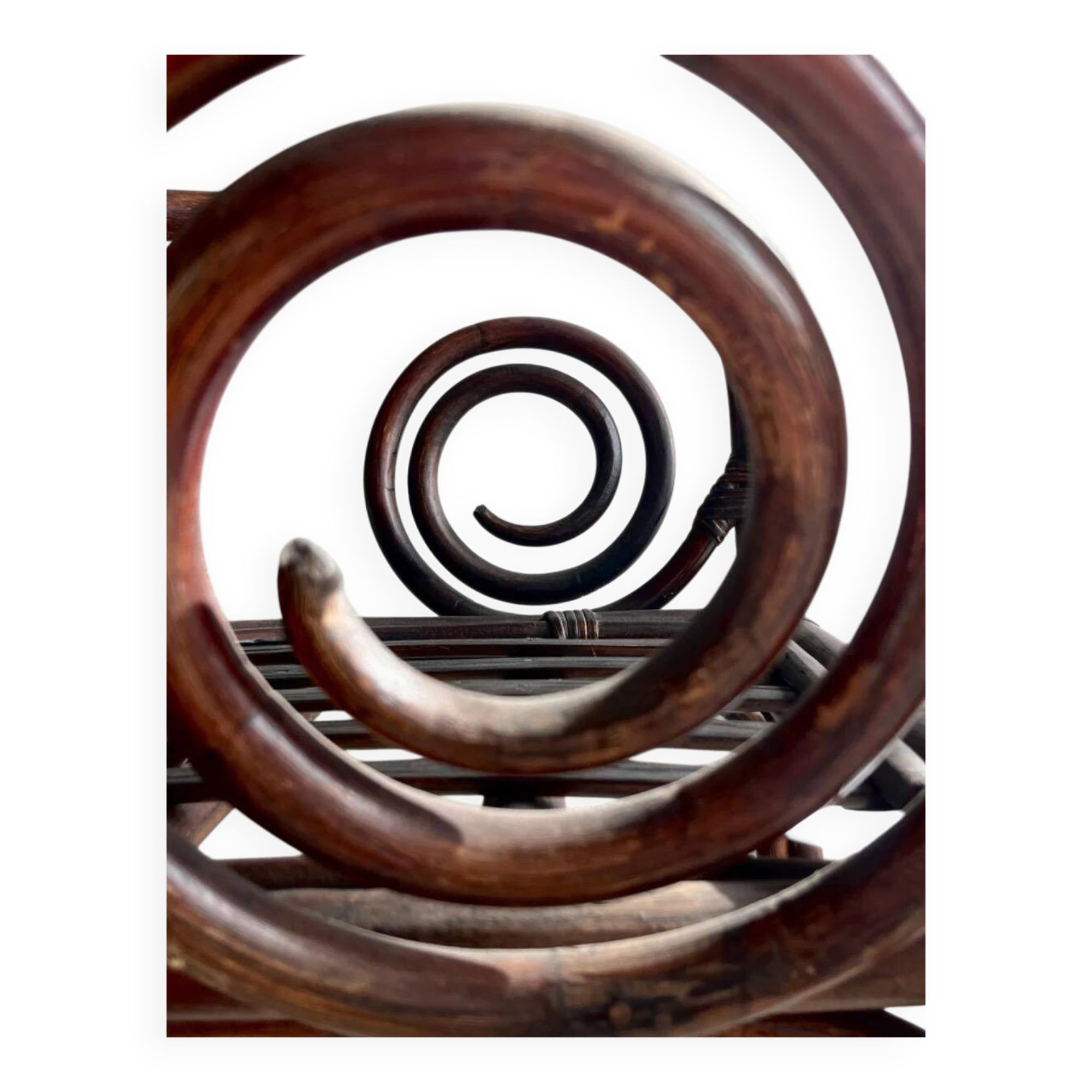 Mid-century Manou dark brown bamboo armchair with open rattan backrest, 1960s French