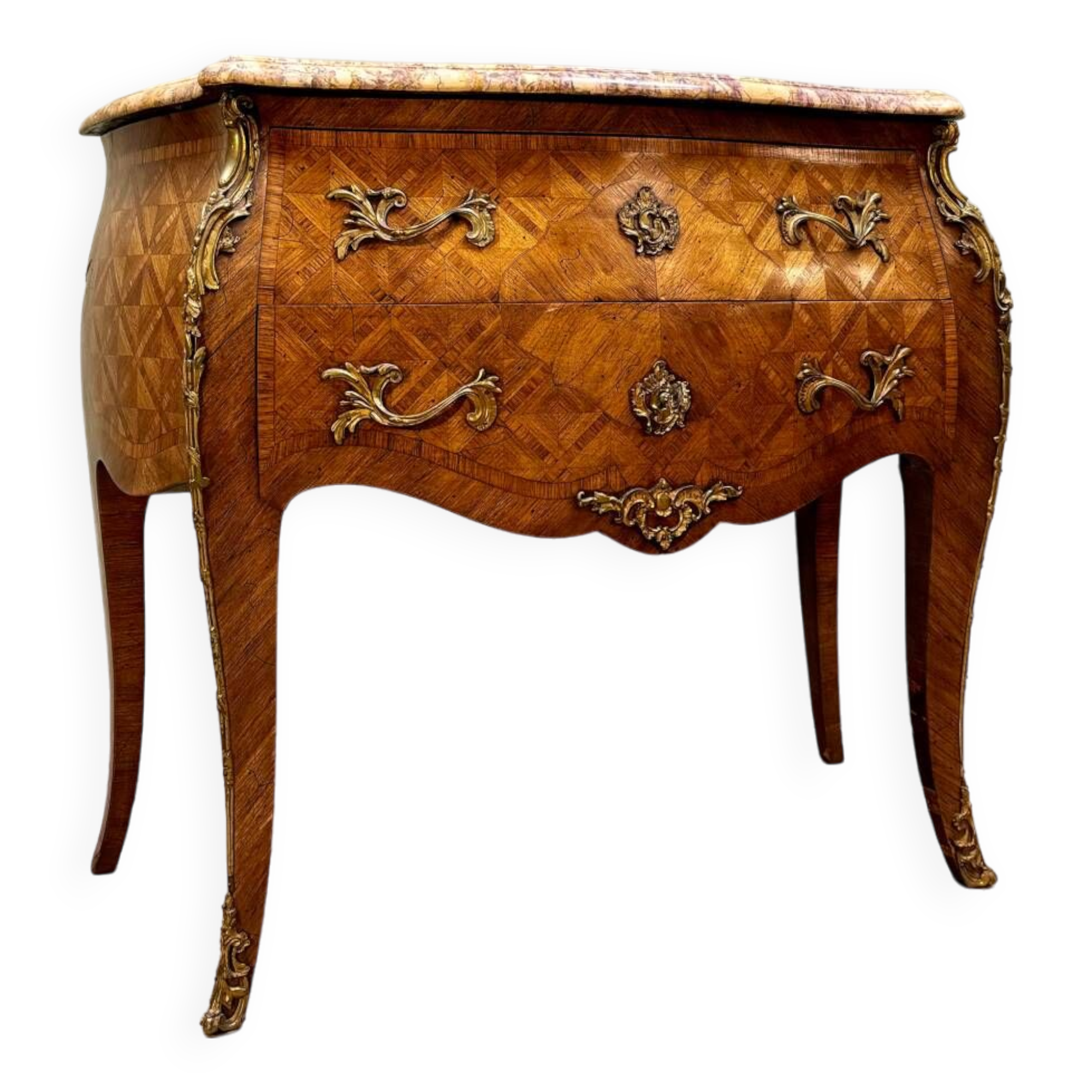Curved sauteuse commode in stamped marquetry louis xv style xix eme century