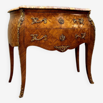 Curved sauteuse commode in stamped marquetry louis xv style xix eme century