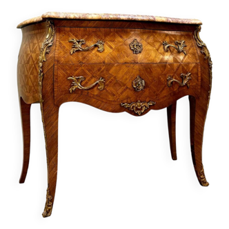 Curved sauteuse commode in stamped marquetry louis xv style xix eme century