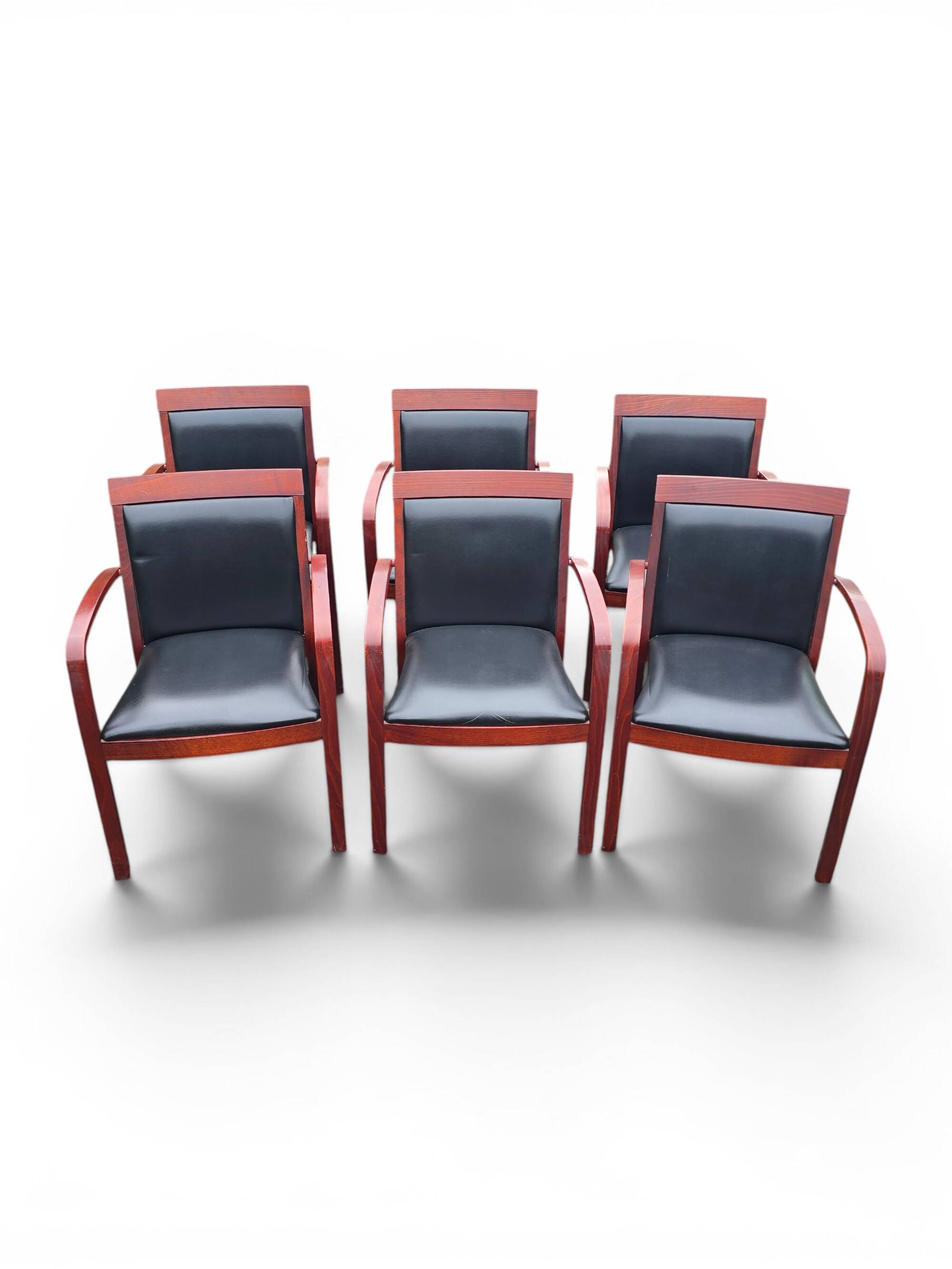 6 contemporary bridge chairs in mahogany wood and black leather