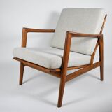 Fauteuil scandinave restauré avec repos-pieds, icône des années 60, tissu marron, teck