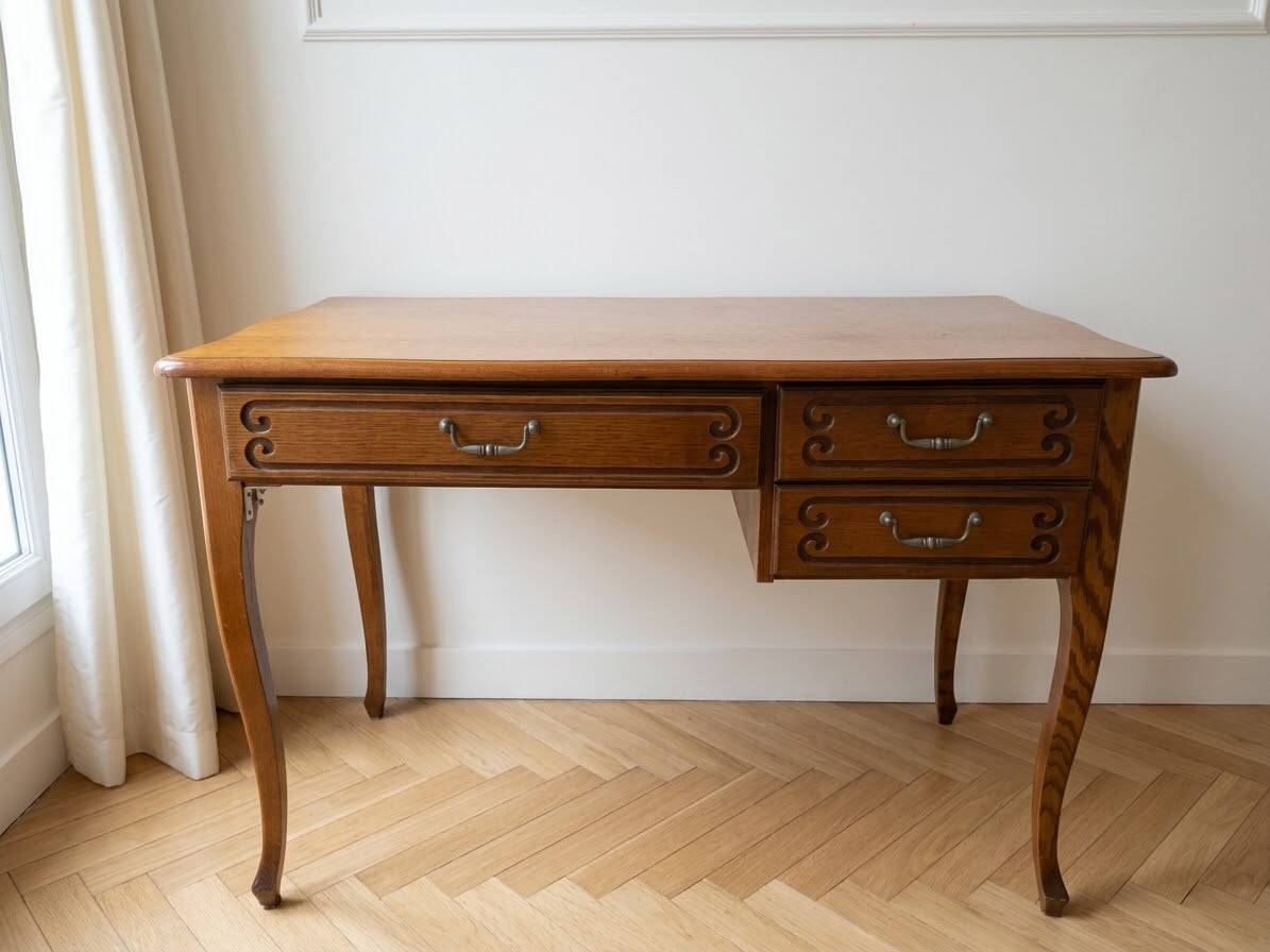 Flat desk in Louis XV style, warm-toned wood, 3 drawers.