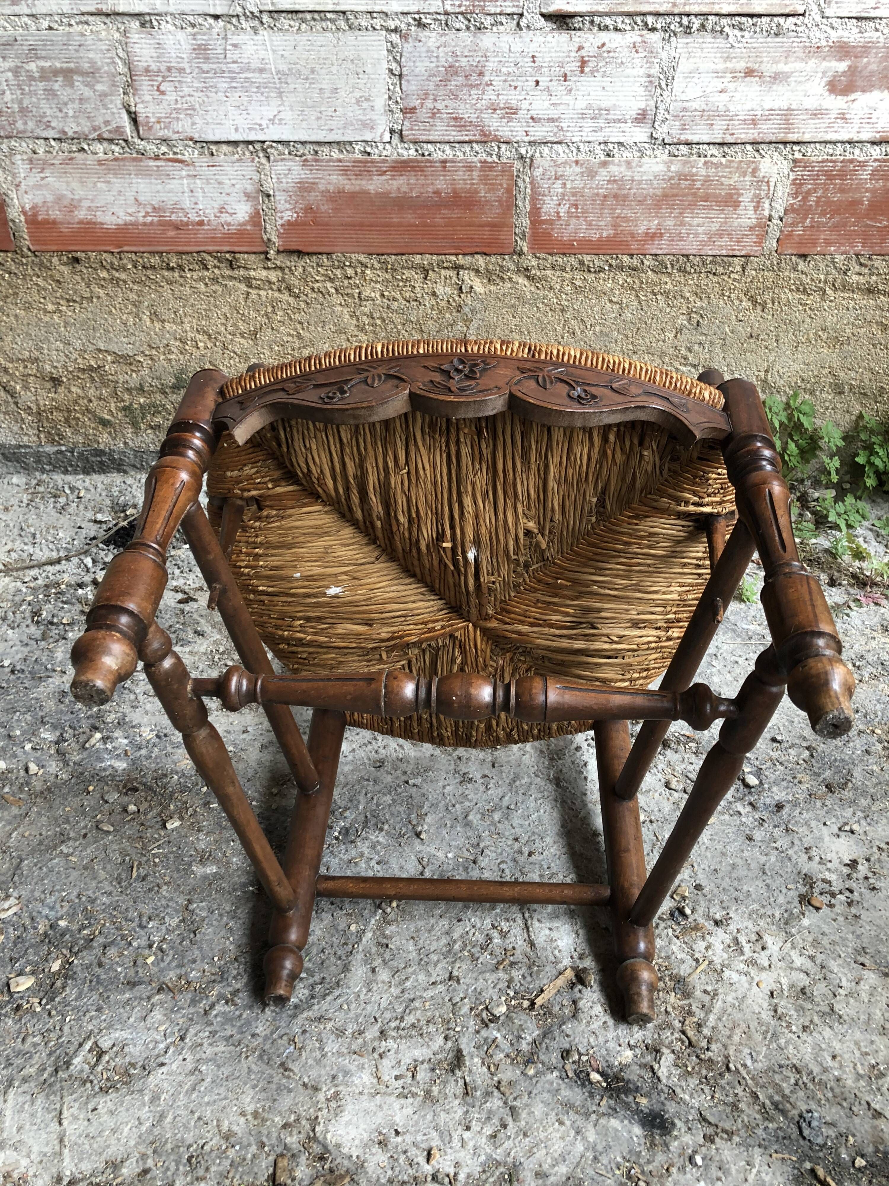 Pair Old Armchair Needle Wood Carved & Seat Paillé + Vintage Fabric Cover