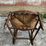 Pair Old Armchair Needle Wood Carved & Seat Paillé + Vintage Fabric Cover