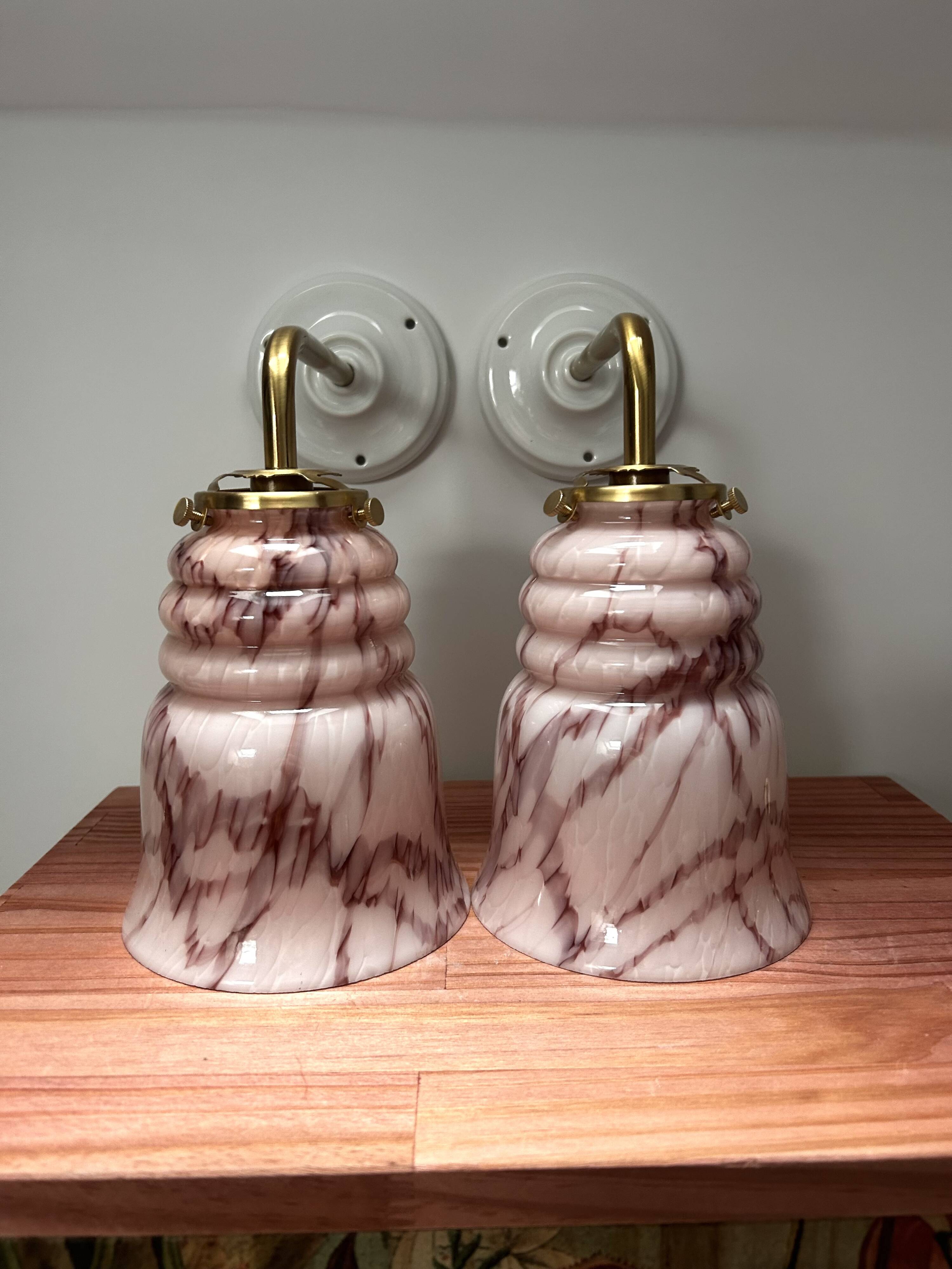 Pair of marbled pink opaline wall lights