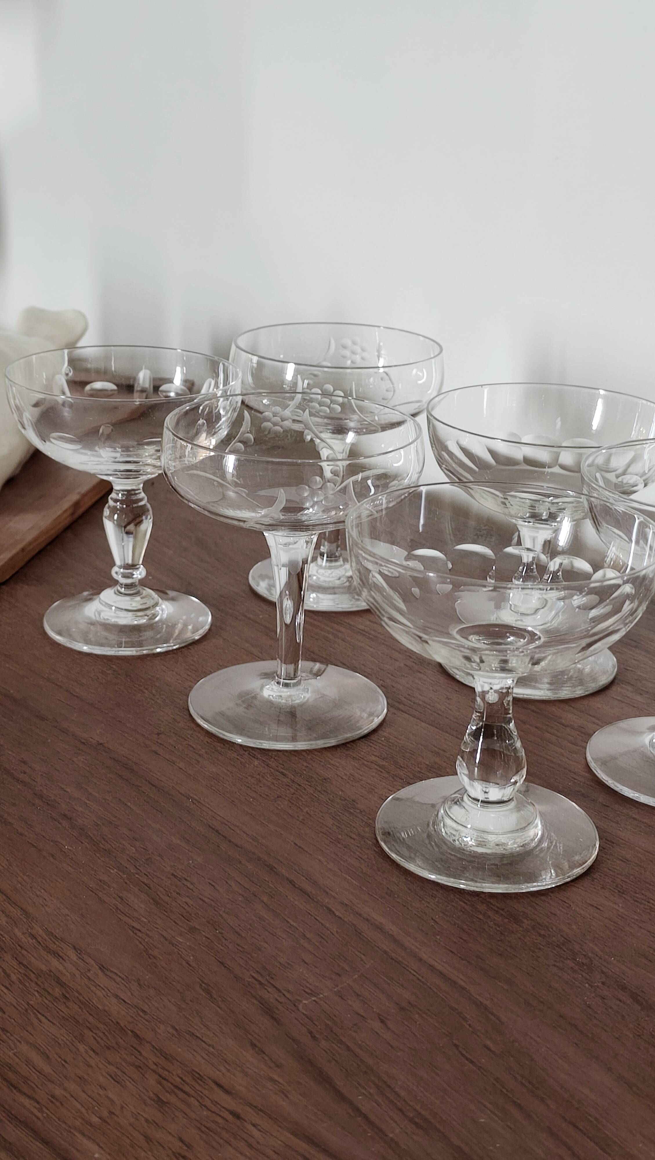 Set of 6 mismatched old crystal champagne glasses