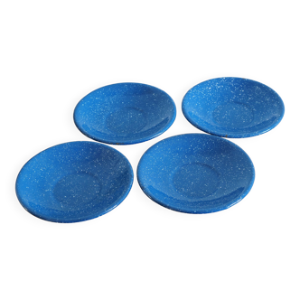 Lot de 4 assiettes bleues en métal émaillé