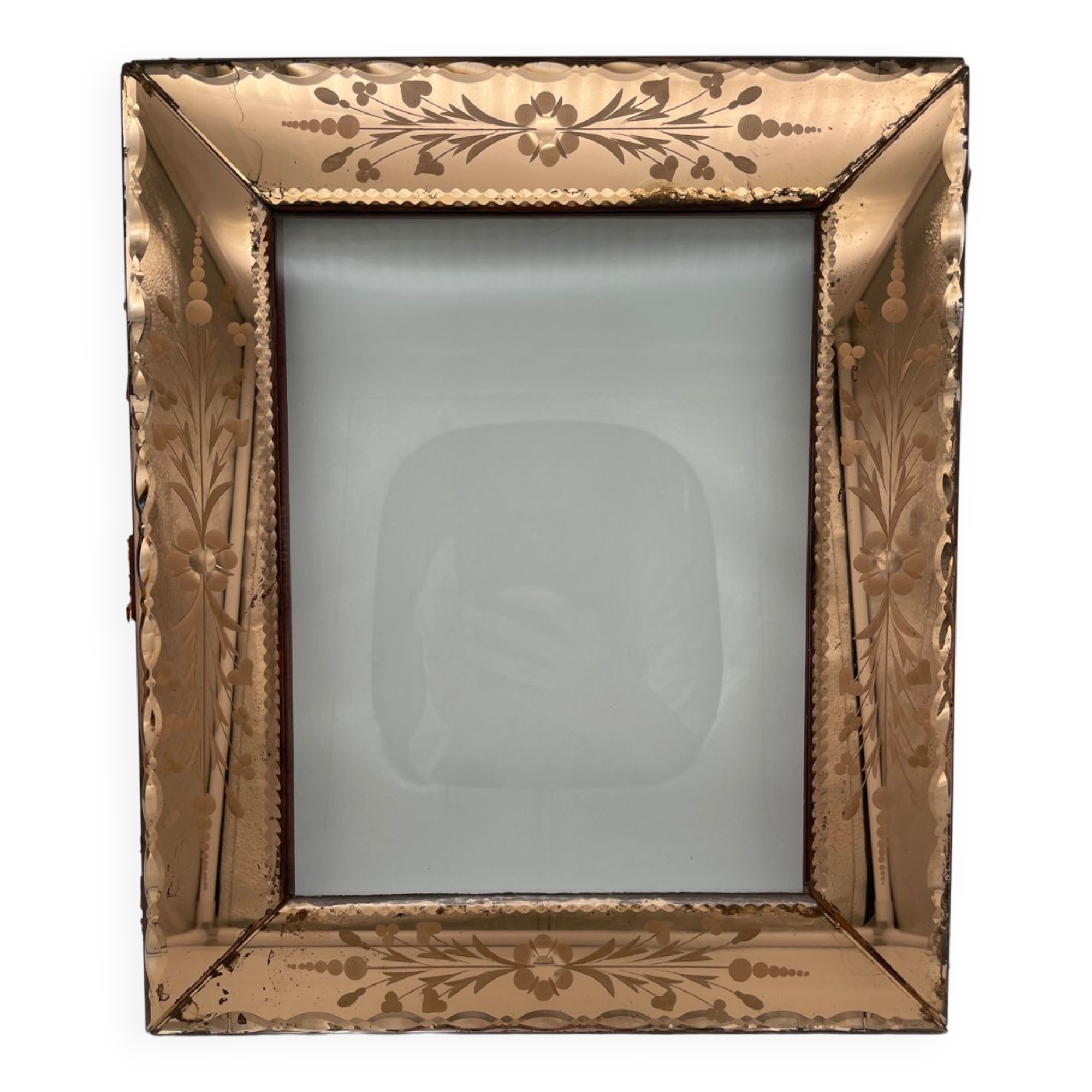 Venetian frame in engraved and bevelled pink glass, flowers, floral, 1950