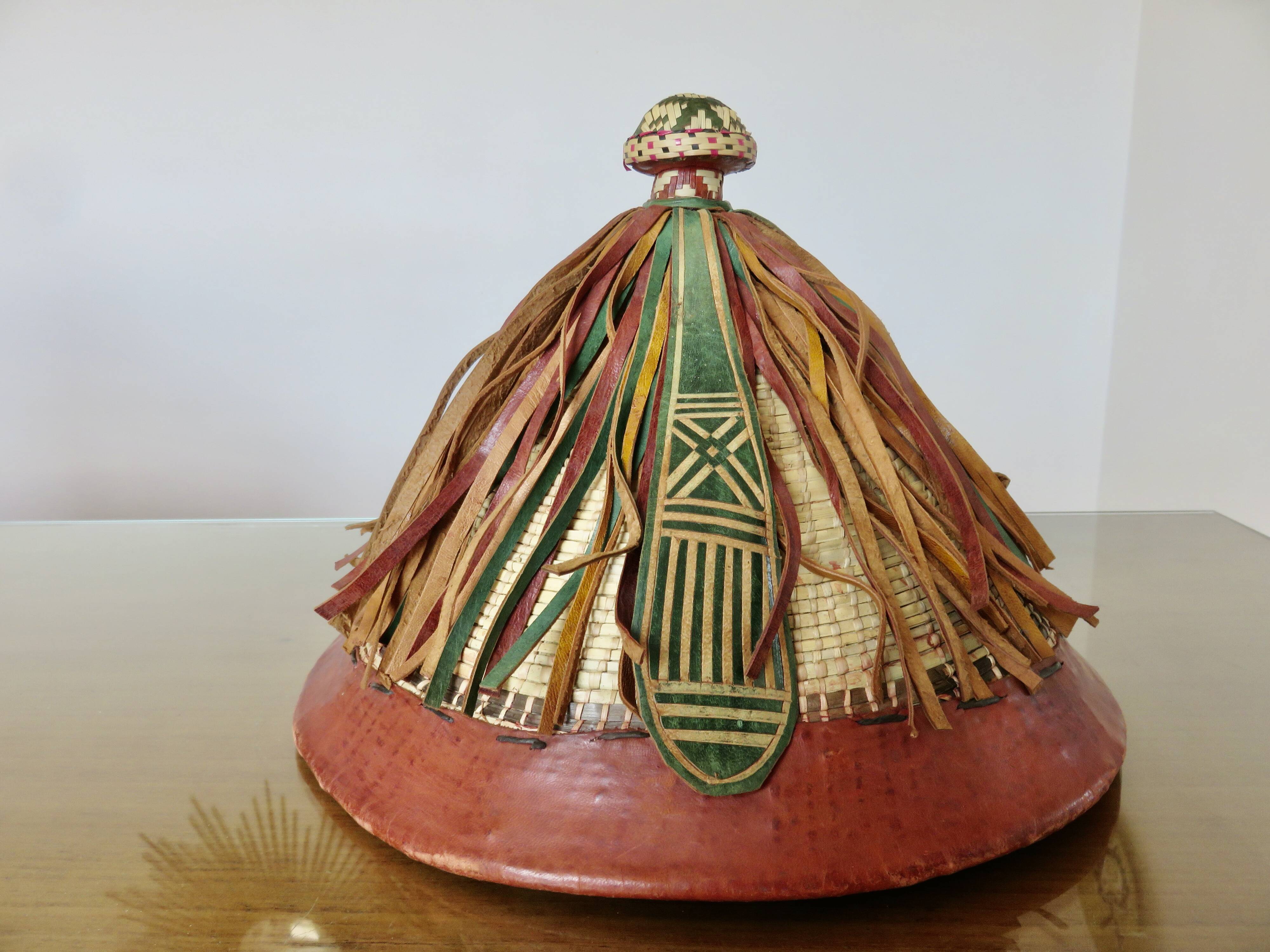 African conical hat, Fulani, in leather and braided rope, 1900s