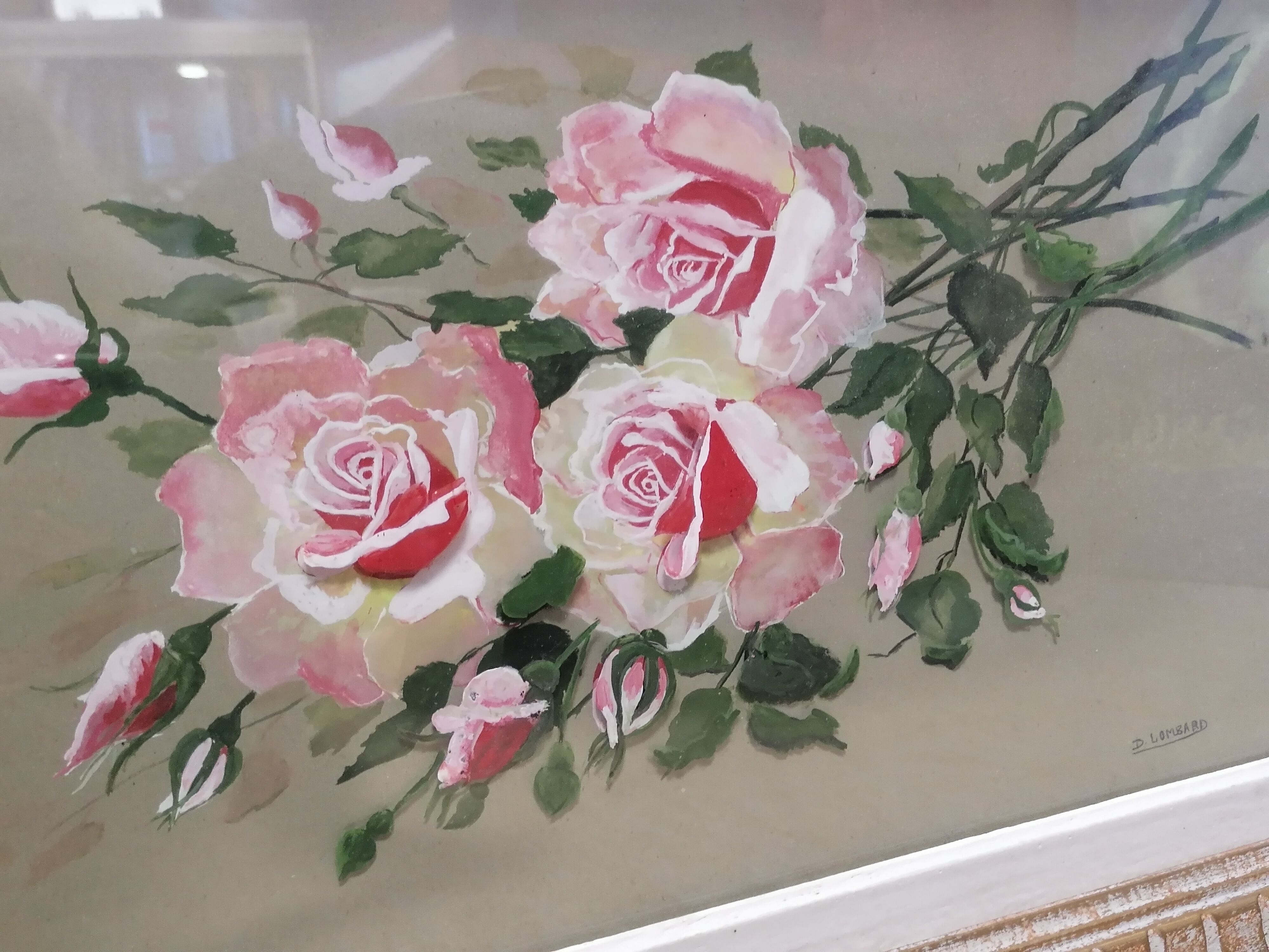 Watercolor painting bouquet of roses signed D. Lombard