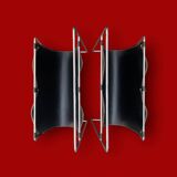 Pair of vintage magazine racks in chromed metal and black leatherette - 1970s