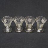 4 Old Small Liqueur Glasses in Engraved Vine Leaf and Grape Glass