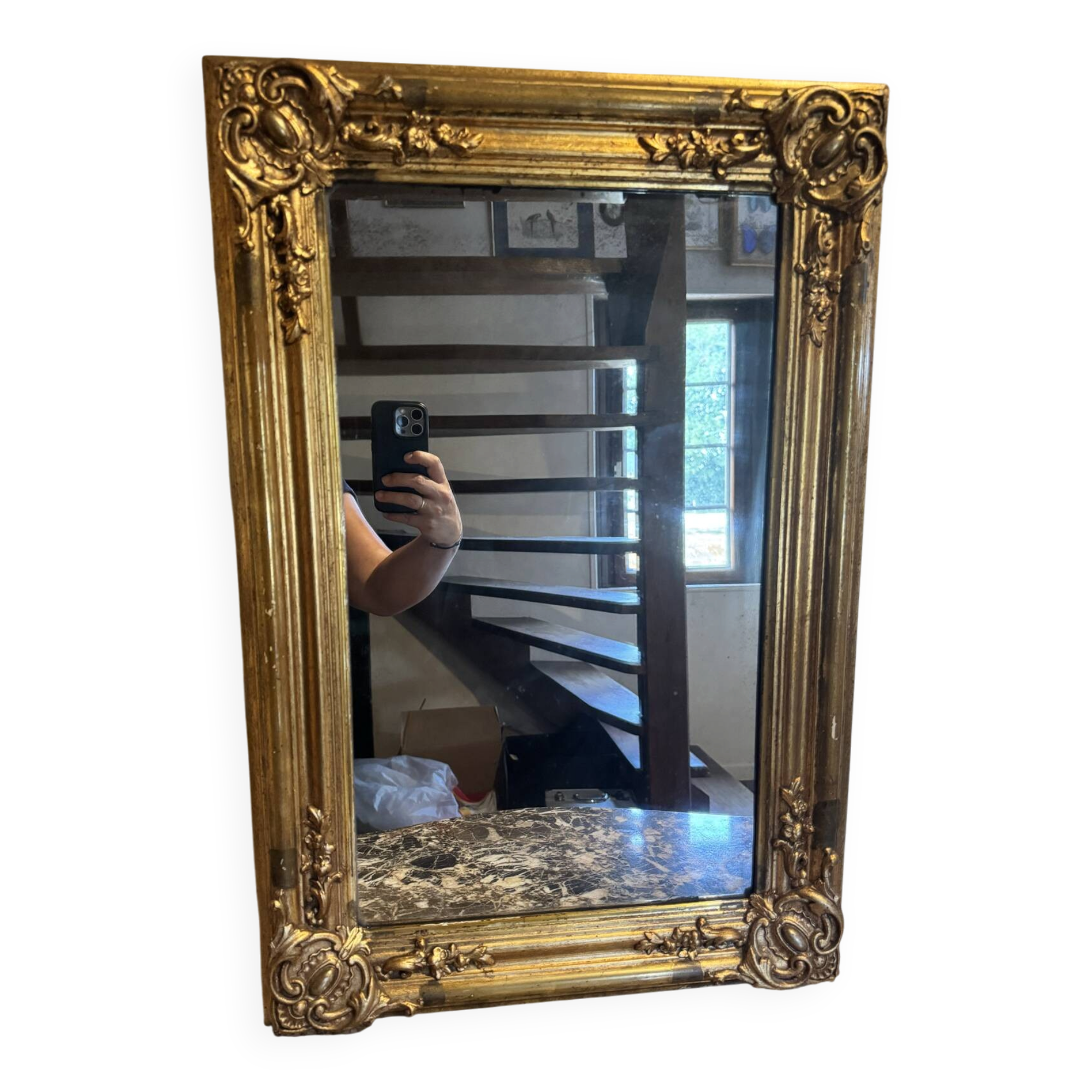 Miroir Louis XV, glace au mercure et bois doré, XIXe