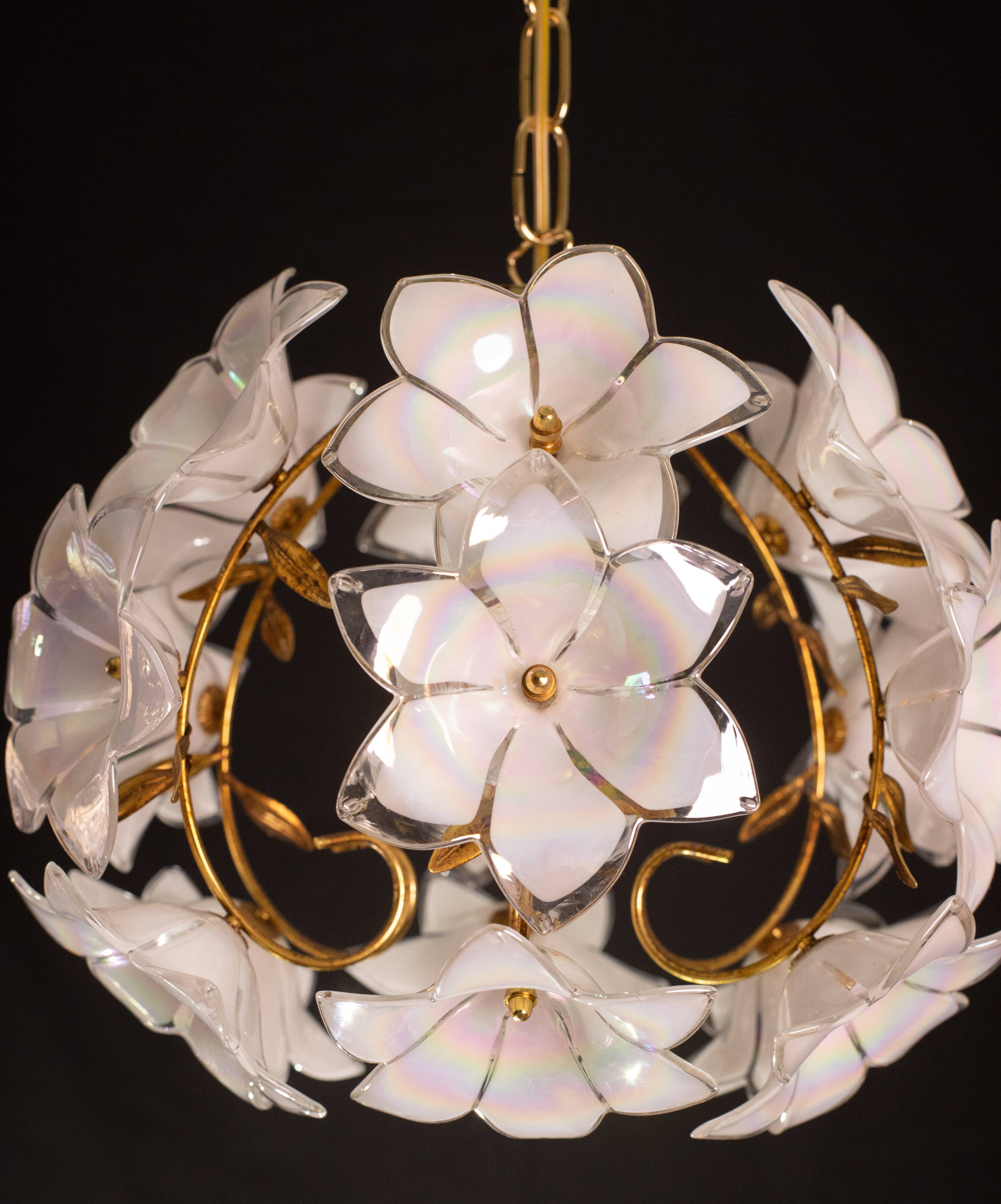 Set of 2 Murano Spherical Chandelier Full of White Flowers, 1980s