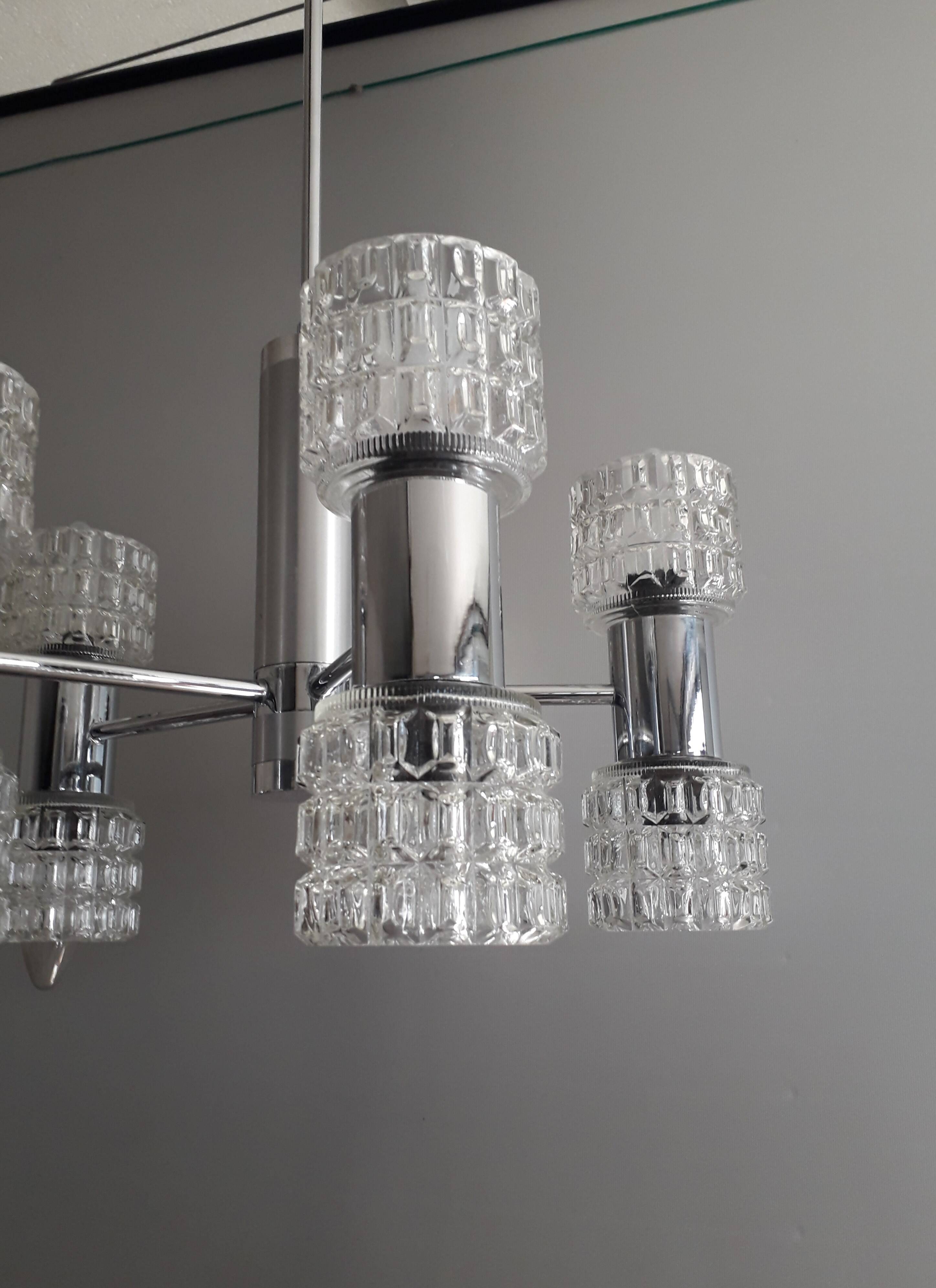 Vintage chandelier - 10 Lights - chrome metal and glass - 1970s