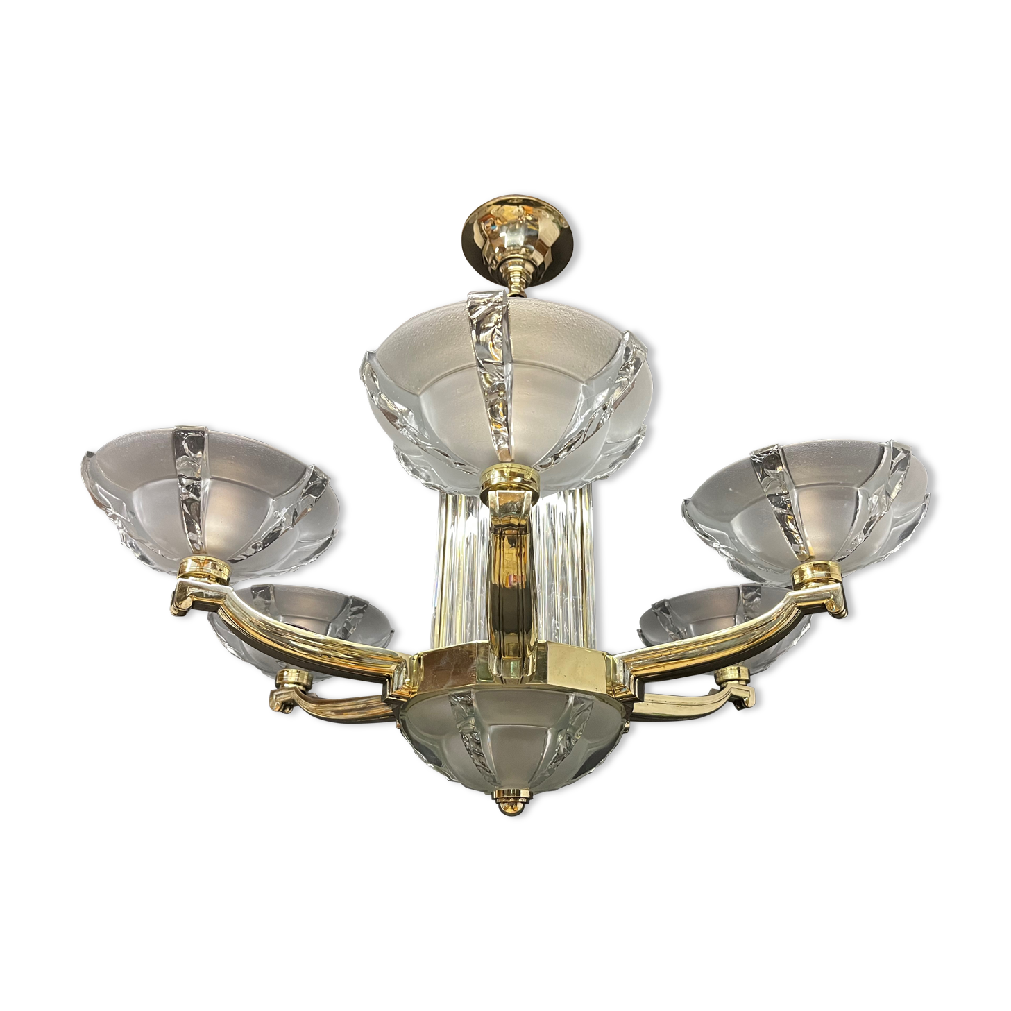 Art deco chandelier with chopsticks spirit Petitot bronze frosted glass Skyscraper