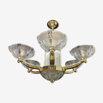 Art deco chandelier with chopsticks spirit Petitot bronze frosted glass Skyscraper