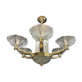 Art deco chandelier with chopsticks spirit Petitot bronze frosted glass Skyscraper