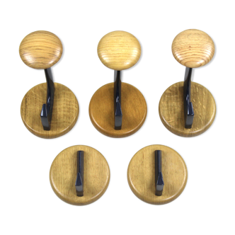 Mid century coat hooks oak Schönbuch Germany, Set of 5