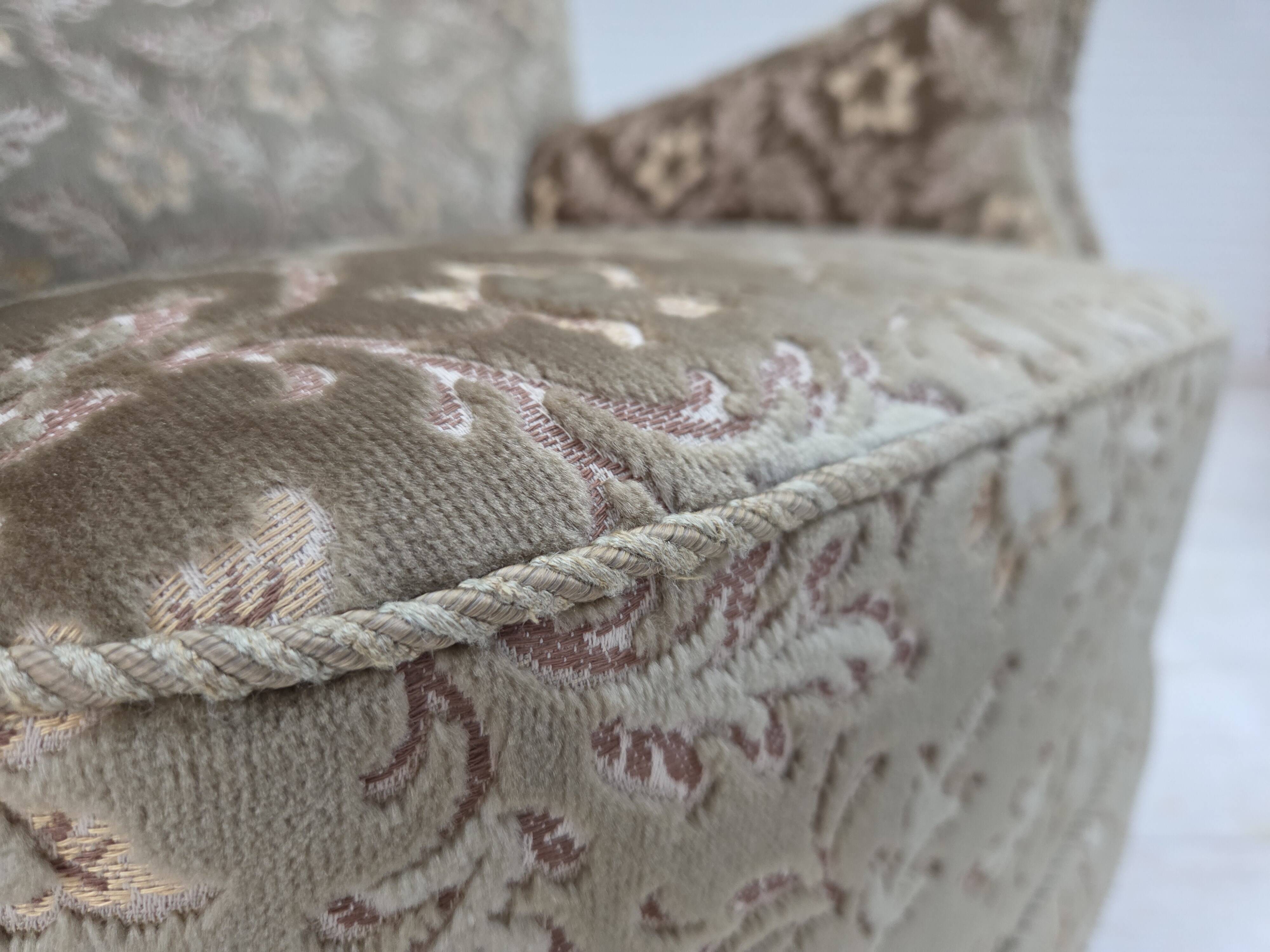 1960s, Danish armchair, light green furniture velour, teak wood legs.