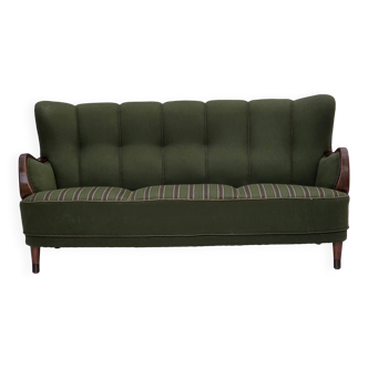 1960s, 3-seater Danish sofa, green furniture wool fabric, beech wood.