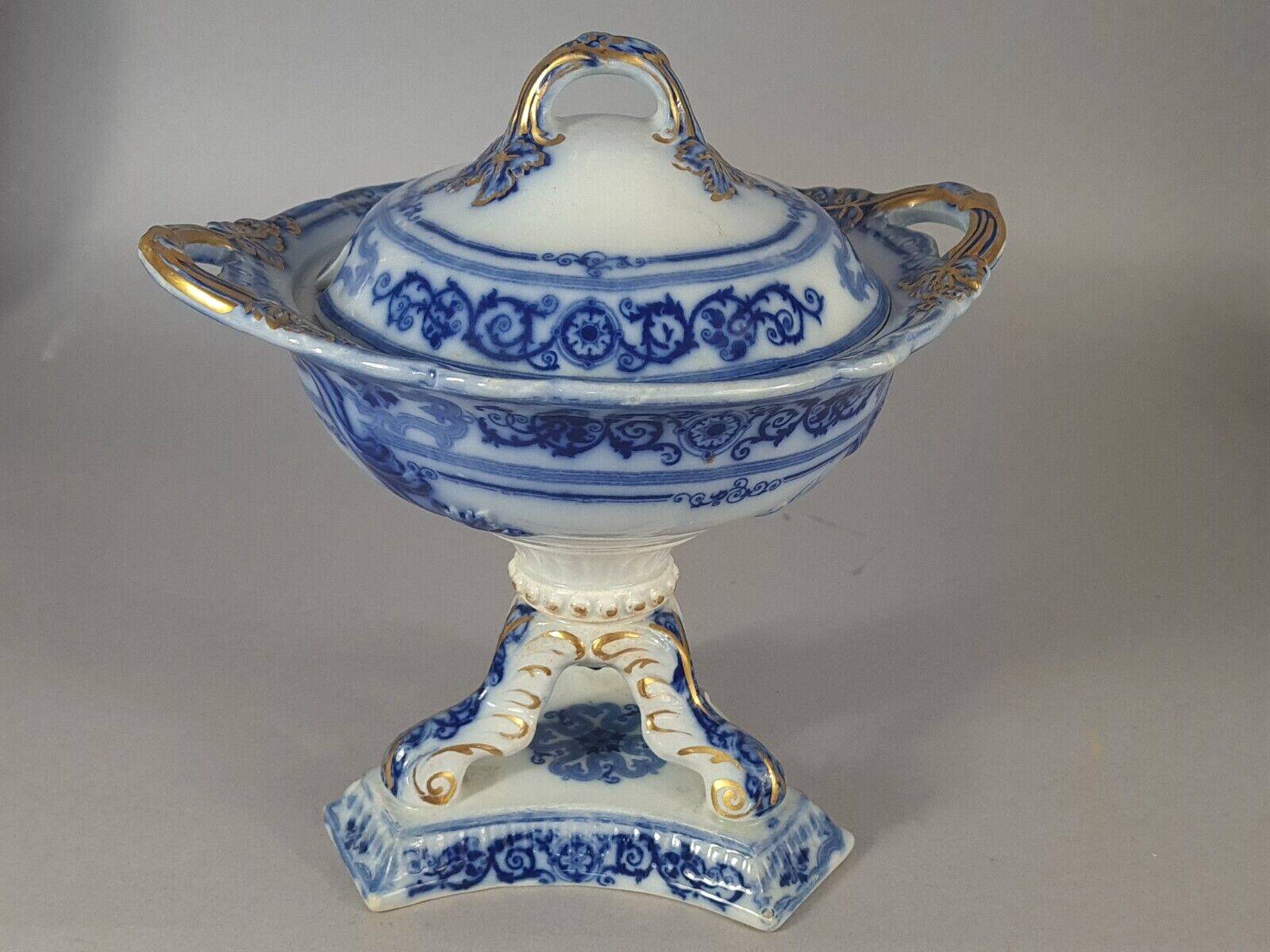 Beautiful covered tripod compote dish in blue and gold earthenware from the late 19th century SC
