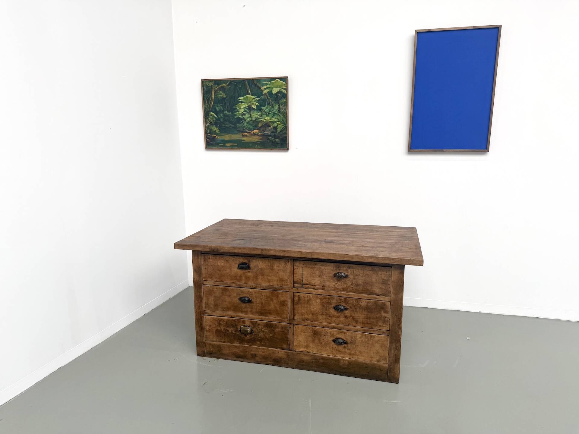 Solid oak trade counter, six drawers, France, circa 1920.