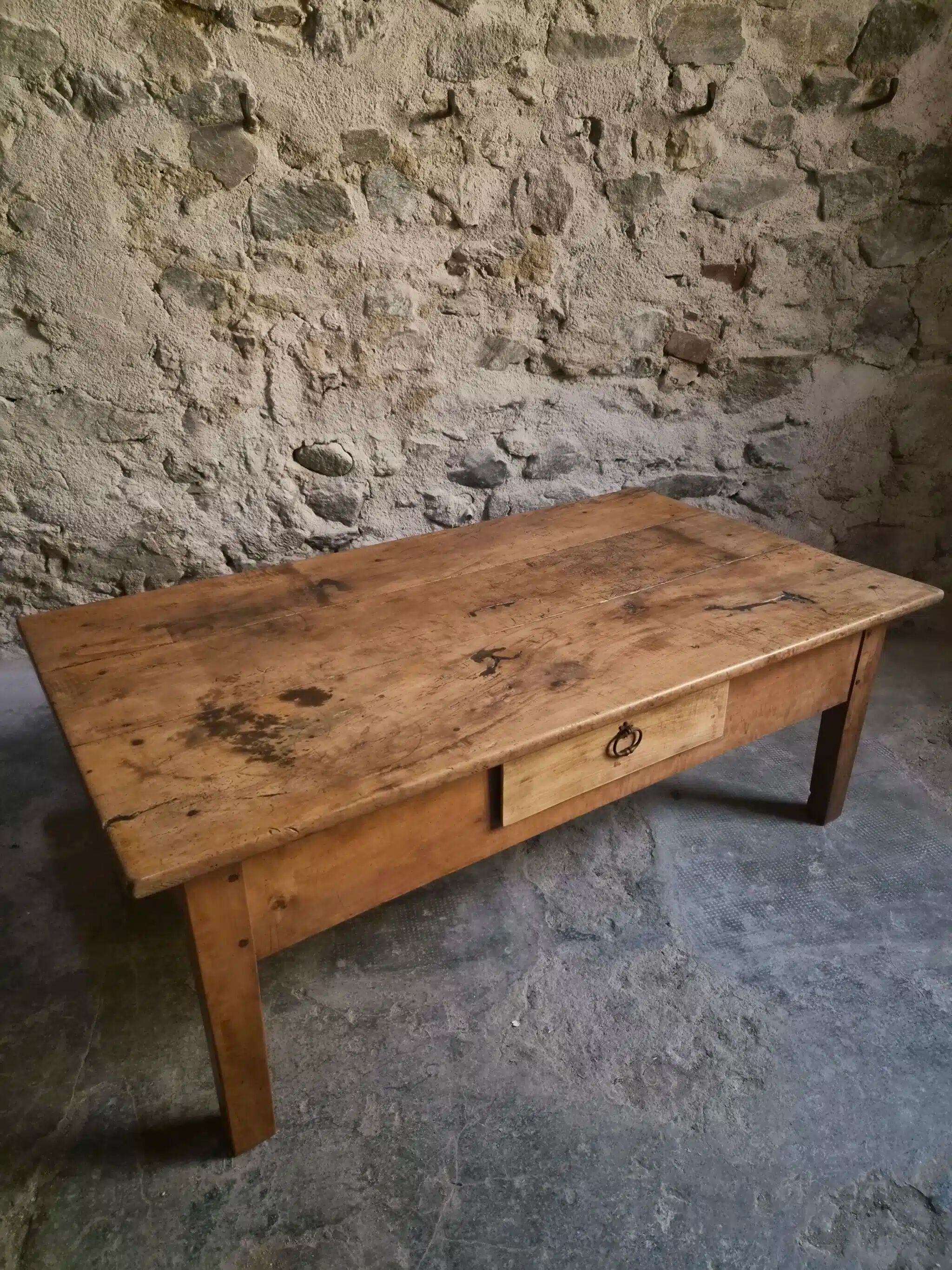 Antique cherry coffee table, rustic farmhouse table with drawer, circa 1750–1800.