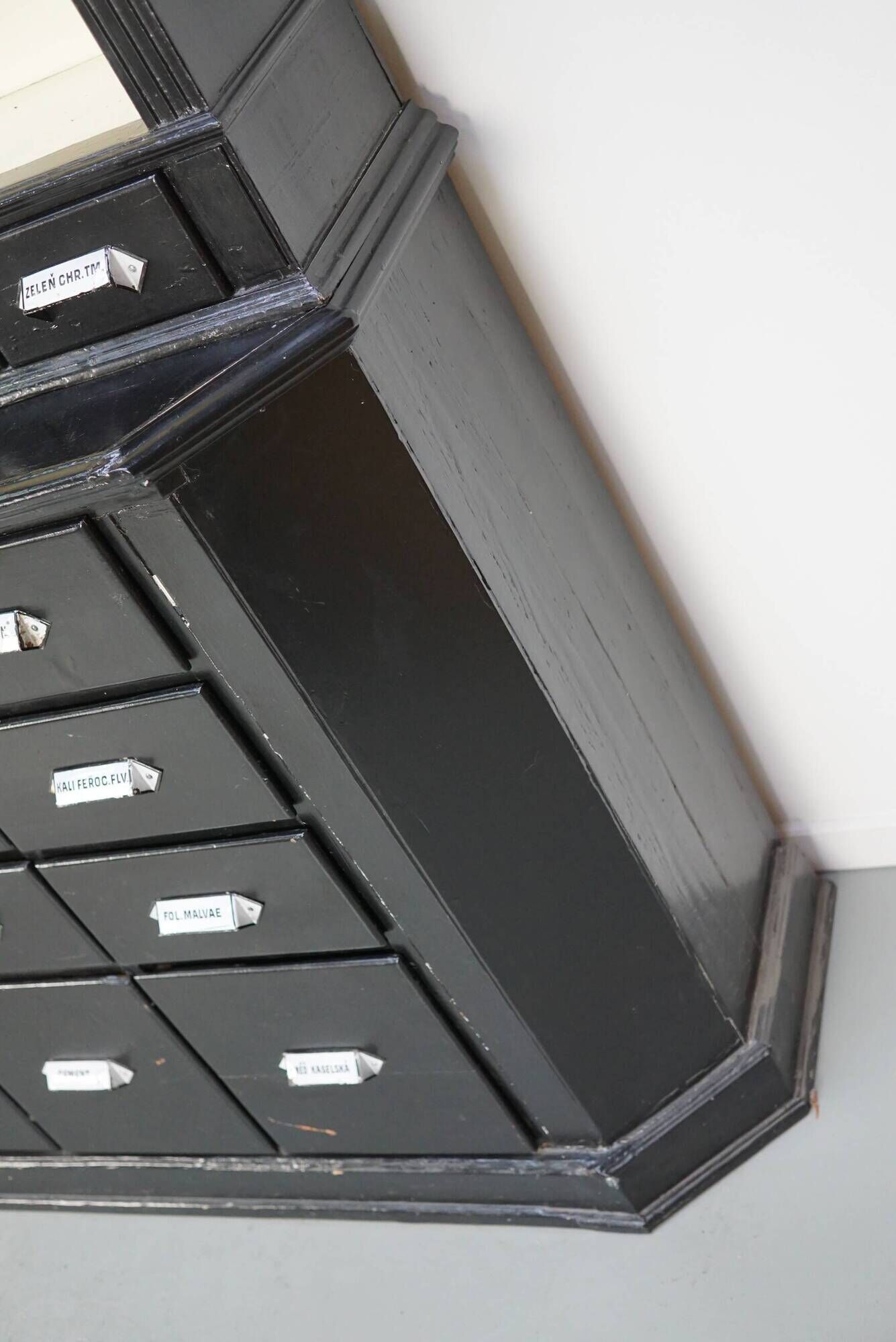 Large pair of antique apothecary cabinets painted black, Eastern Europe, 1910s