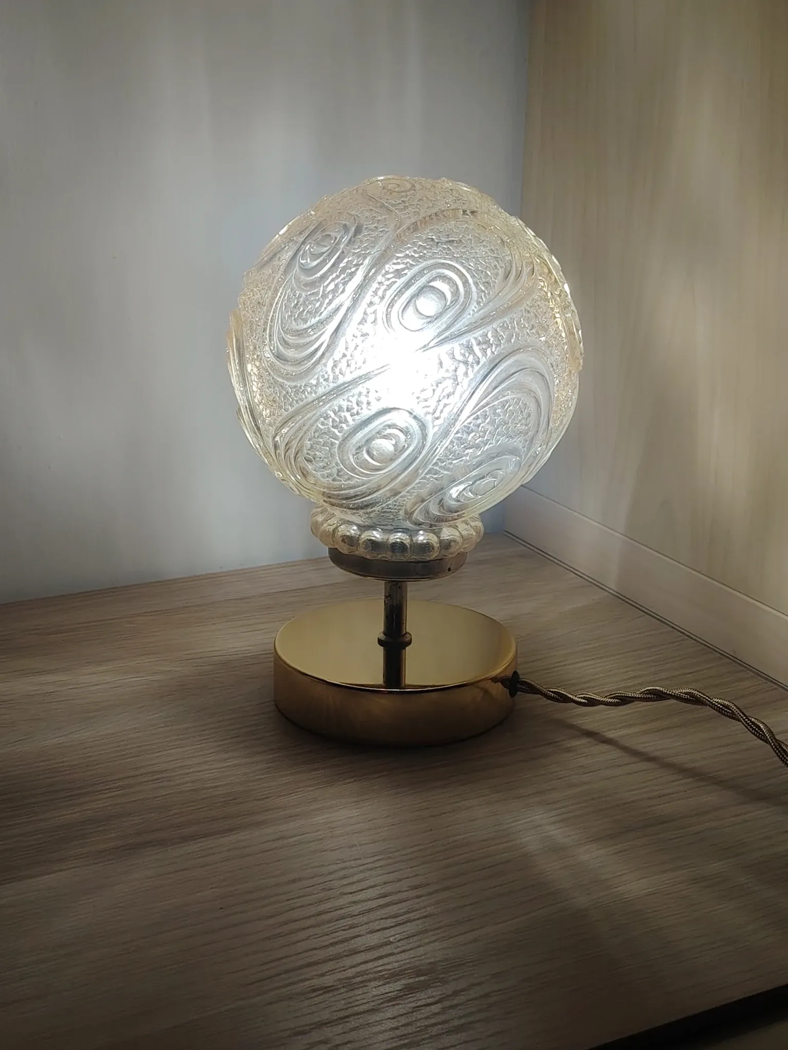 Vintage textured amber moulded globe bedside lamp