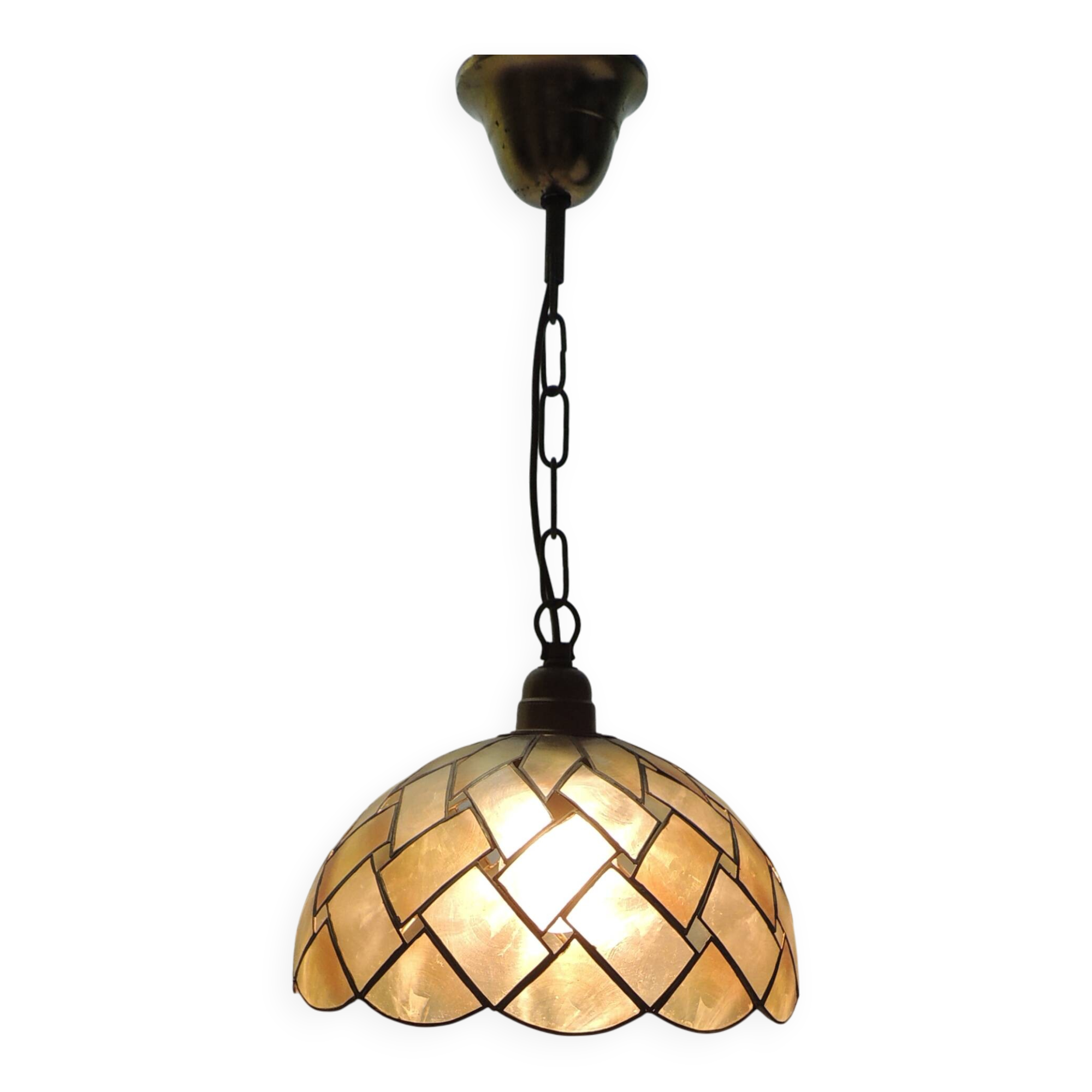 Vintage Capiz Shell Pendant Lamp – Woven Mother of Pearl Shade,