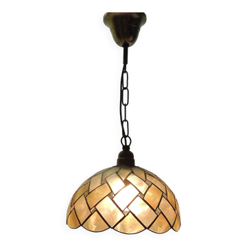 Lampe Suspension Vintage en Coquillage Capiz – Abat-jour en Nacre Tressée,